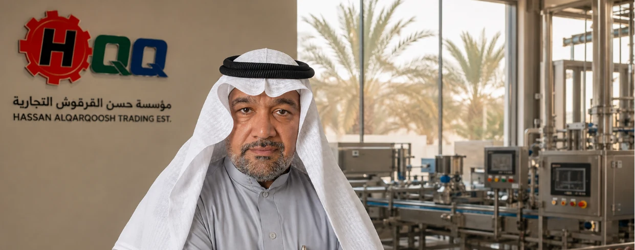 شعار مؤسسة حسن القرقوش على جدار مصنع أغذية، ويقف أمامه رجل بالزي السعودي، وخط تعبئة وتغليف يعمل خلف الزجاج